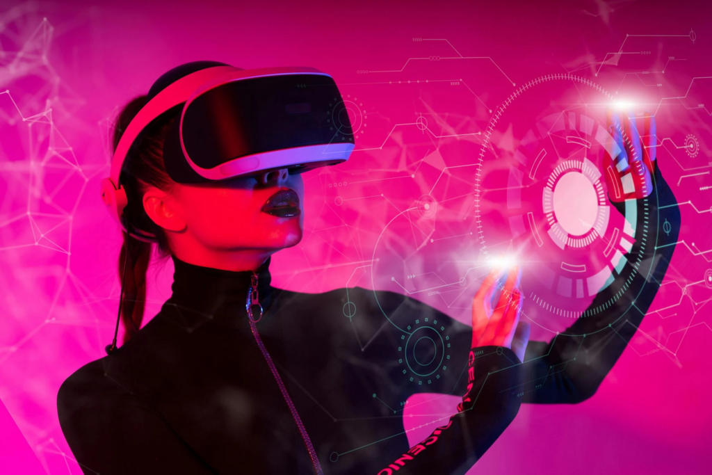 Une femme utilisant un casque de réalité virtuelle, avec un environnement rose futuriste en arrière-plan.